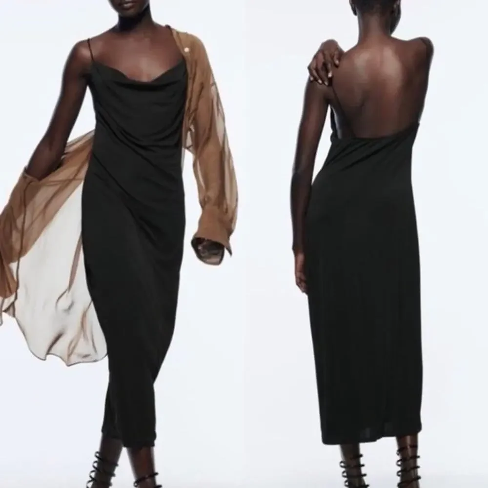 ZARA Classic Black Satin Midi Slip Dress Size M